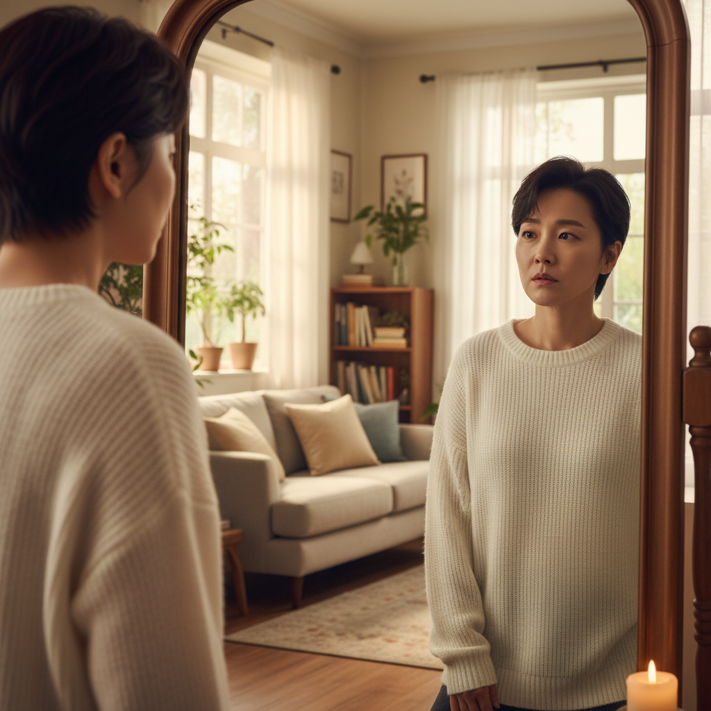 A Korean person looking at their reflection in a mirror, noticing an uneven shoulder. The background is a warm, cozy home interior with soft, natural lighting. Visually rich, no empty margins, no text.
