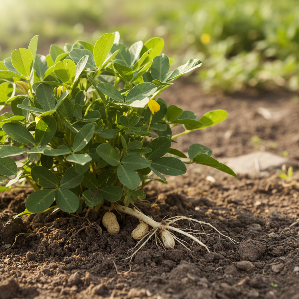 A close-up shot of a peanut plant with vibrant green leaves and a few yellow flowers, showing its roots subtly extending into the rich, dark soil below, natural sunlight, soft focus on the plant, a slightly blurred earthy background, no visible text.