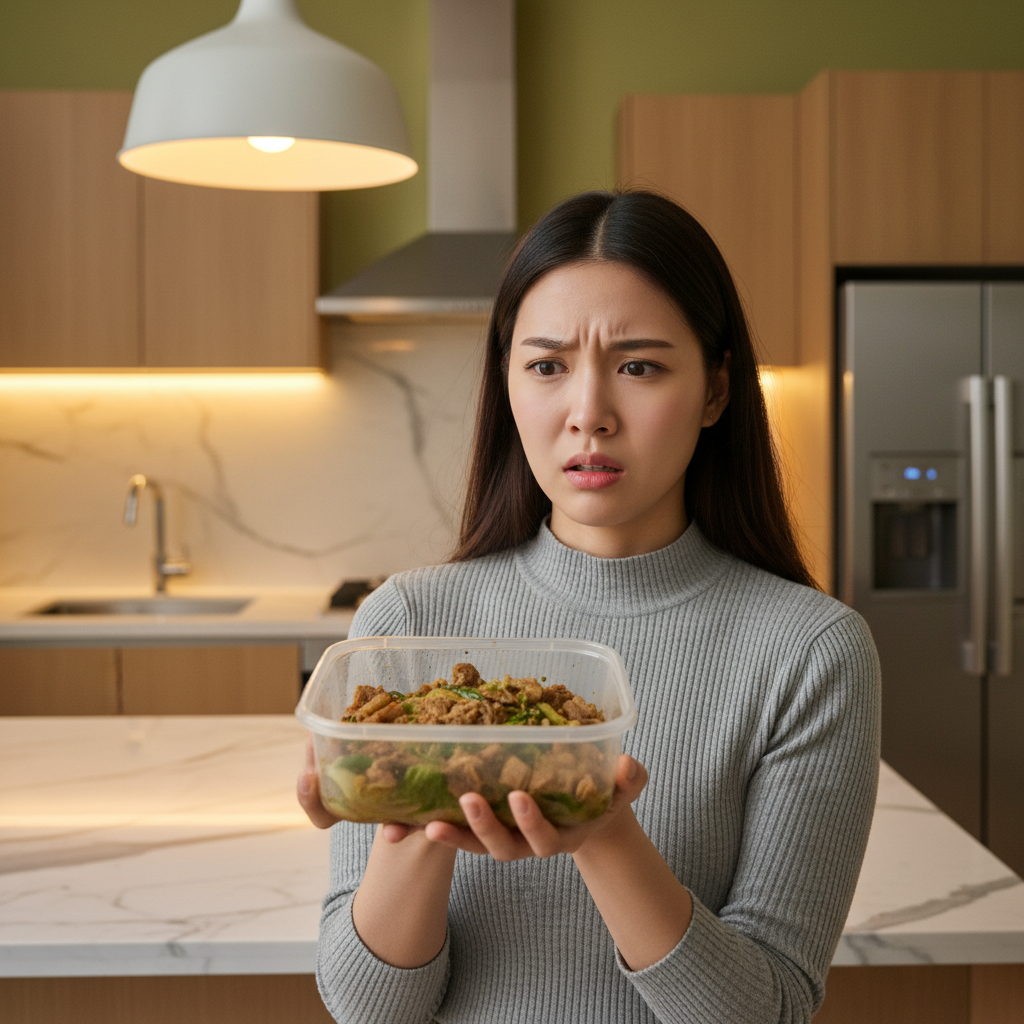 A close-up lifestyle photograph of a person looking puzzled at a container of food with a green tinge, in a kitchen with warm lighting and a modern, clean design, colored background, Korean appearance, no text