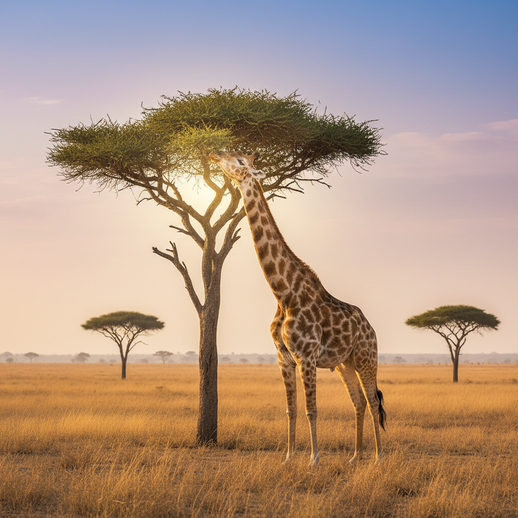 A majestic giraffe stretching its long neck to eat leaves from a tall acacia tree in the savanna, bright lighting, natural setting, warm colored background, no text, lifestyle photography