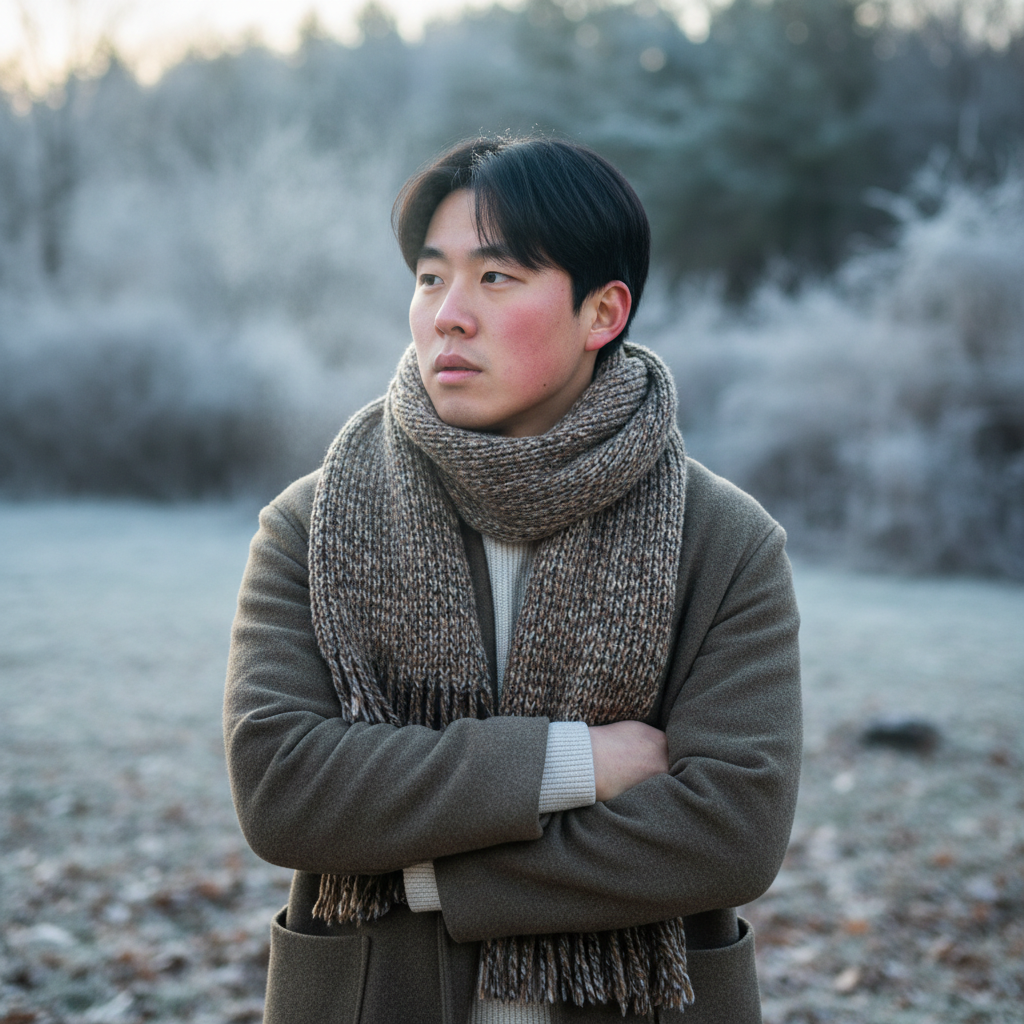 A Korean person slightly shivering in a cool, natural outdoor setting, with visible goosebumps on their arm. The background features blurred, soft winter colors. Lifestyle photography, natural lighting, no text.