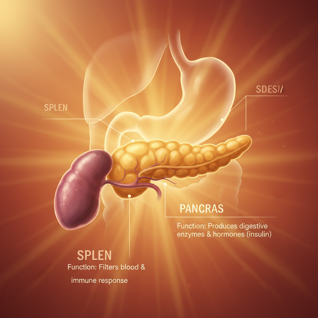A detailed illustration of the human abdominal area focusing on the pancreas and spleen, indicating their location and function, artistic rendering, warm lighting, gradient background, no text