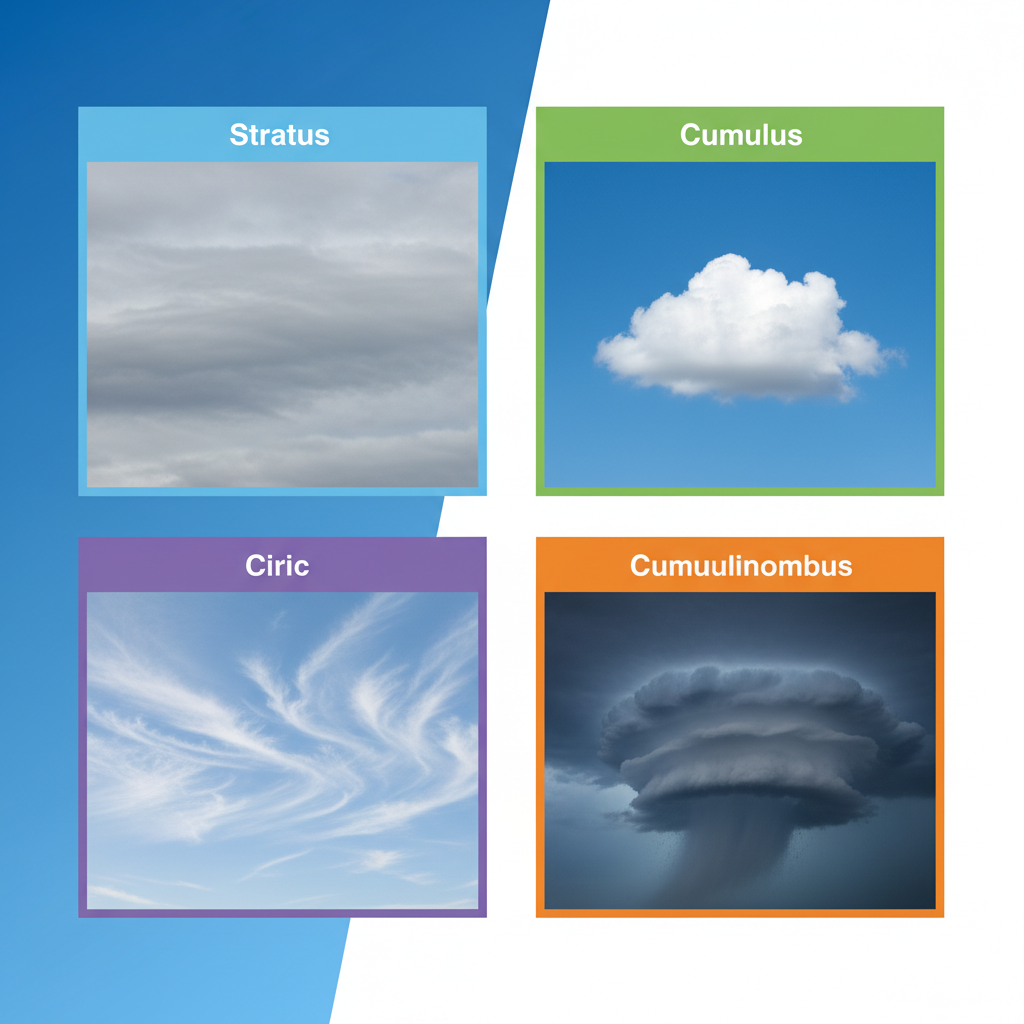 Clean infographic comparing various cloud types like stratus, cumulus, cirrus, and cumulonimbus, with their distinct shapes and characteristics, modern layout, high contrast, colored background, no text, visually rich composition