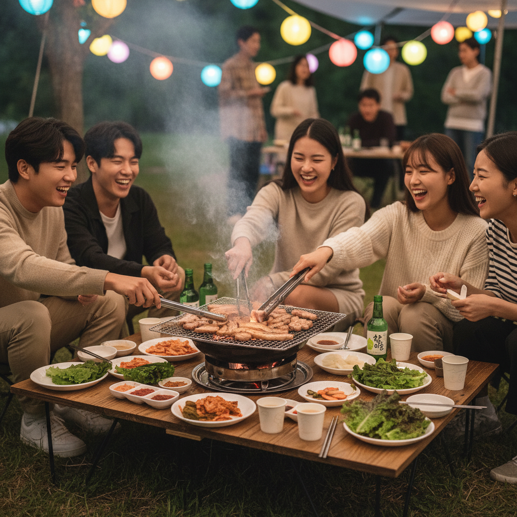 Friends happily grilling and eating pork belly at an outdoor gathering, lively atmosphere, colorful lights in the background, Korean appearance, natural expression, no text