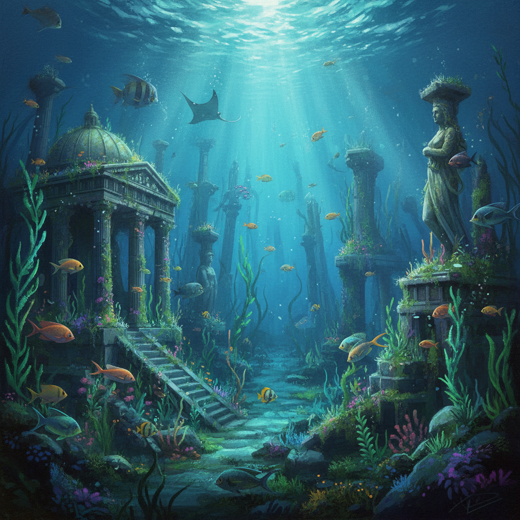 A fantastical illustration of a sunken Atlantis city, overgrown with marine plants, fish swimming around ancient ruins, ethereal lighting, vibrant underwater colors, artistic rendering, textured background, no text