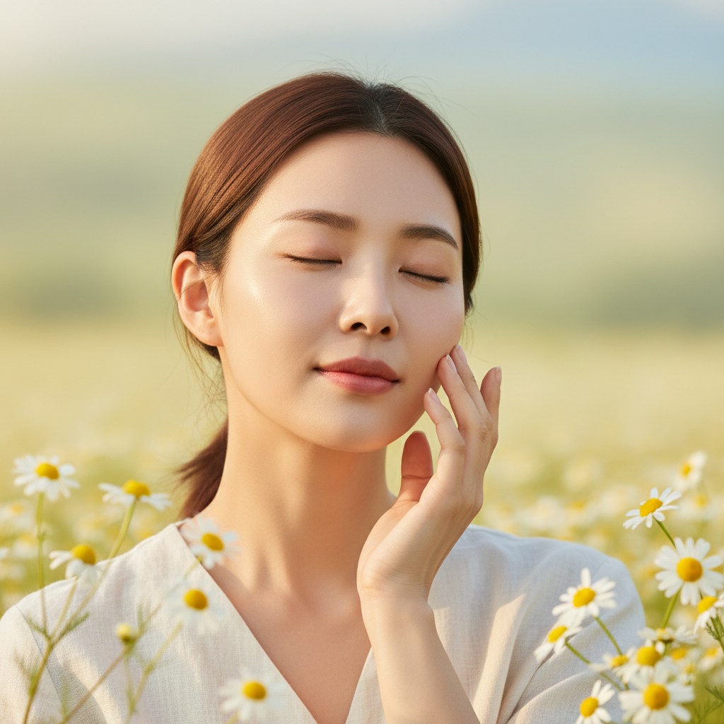 Lifestyle photography, warm lighting, natural setting, showing a Korean woman gently touching her face, suggesting skin soothing, with chamomile flowers subtly in the background, colored background, no visible text in image.