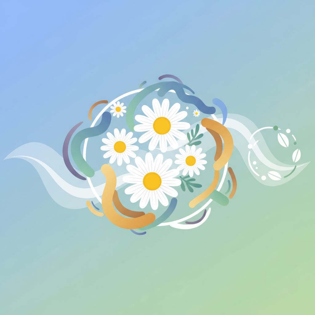 Clean infographic, modern layout, high contrast, showing chamomile flowers with abstract elements representing calm and digestion, with a subtle gradient colored background, no visible text in image.