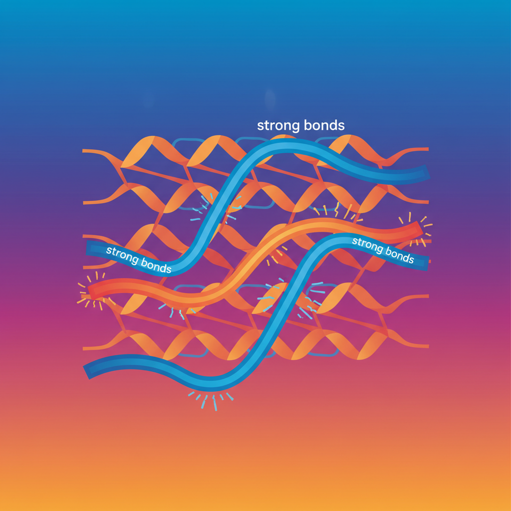 Clean infographic showing the chemical structure of beta-keratin and its strong bonds, abstract science illustration, vibrant gradient background, no text