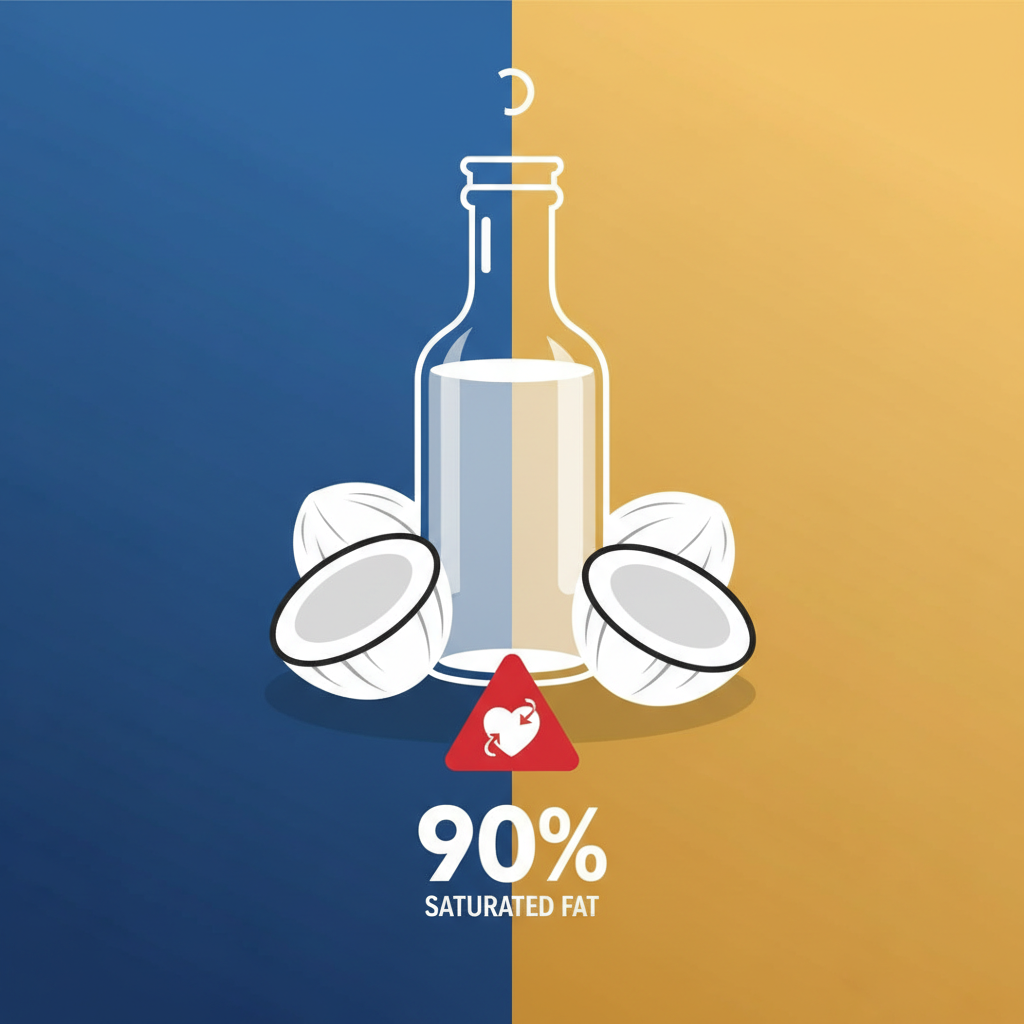 A clean infographic showing coconut oil in a bottle with a subtle warning sign, emphasizing high saturated fat content, high contrast, modern layout, colored background, no text