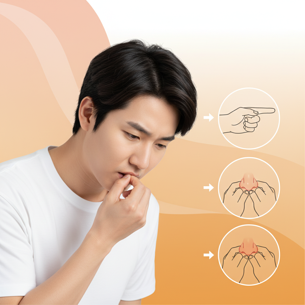 A person leaning forward, pinching their nose correctly to stop a nosebleed, with a clear step-by-step visual of the hand position. Bright, balanced lighting, a warm gradient background, Korean appearance, natural expression, centered focus, no text. Clean infographic.