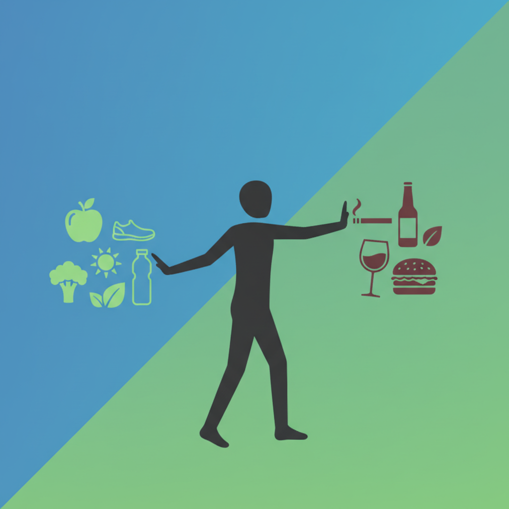 A visual metaphor showing a person actively choosing healthy options over unhealthy ones like cigarettes and alcohol, clean infographic style, high contrast, gradient background, no text