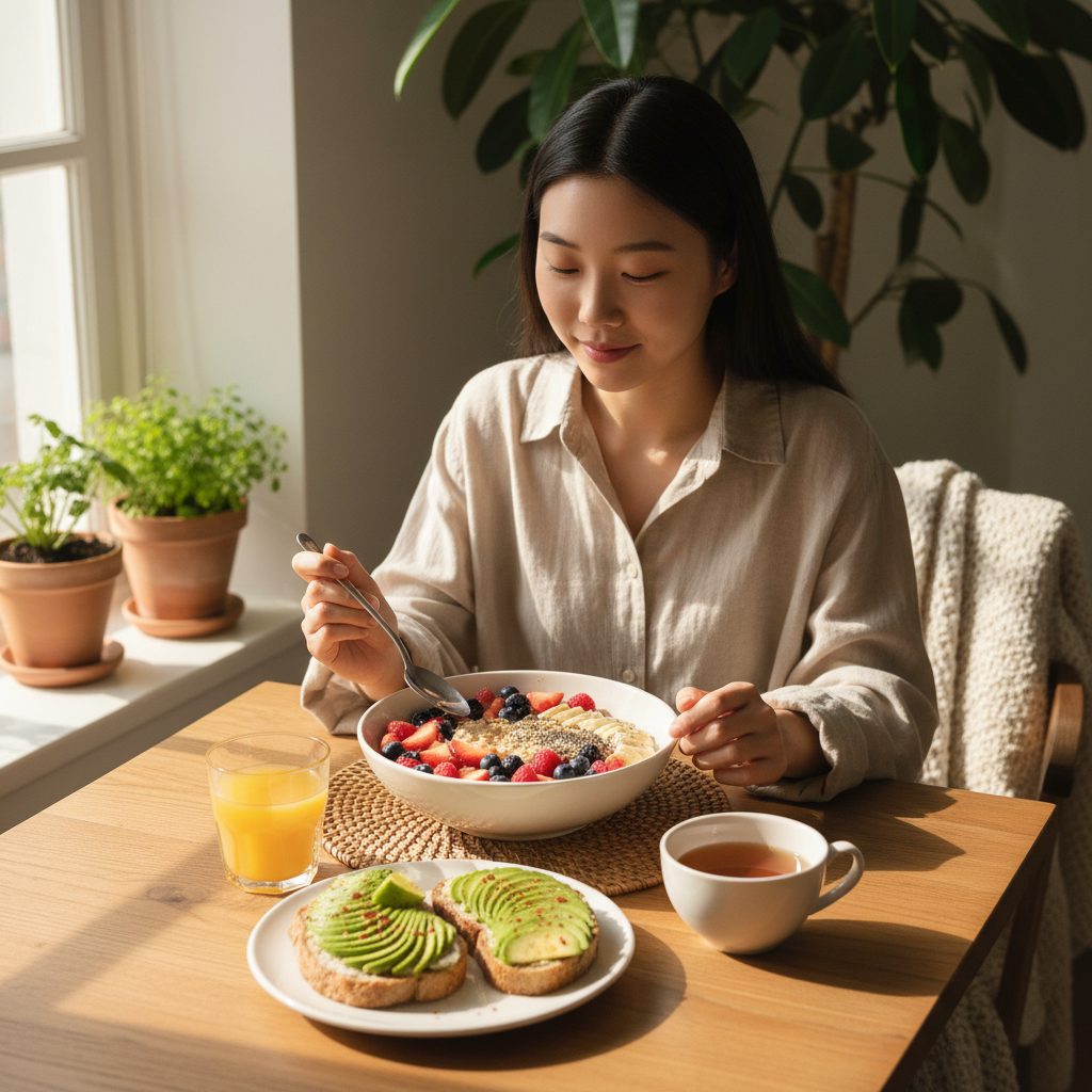 Lifestyle photography of a balanced breakfast featuring oatmeal with fruits and sliced avocado on toast, with warm lighting and a natural setting. Focus on healthy eating. Korean appearance, natural expression, no visible text.