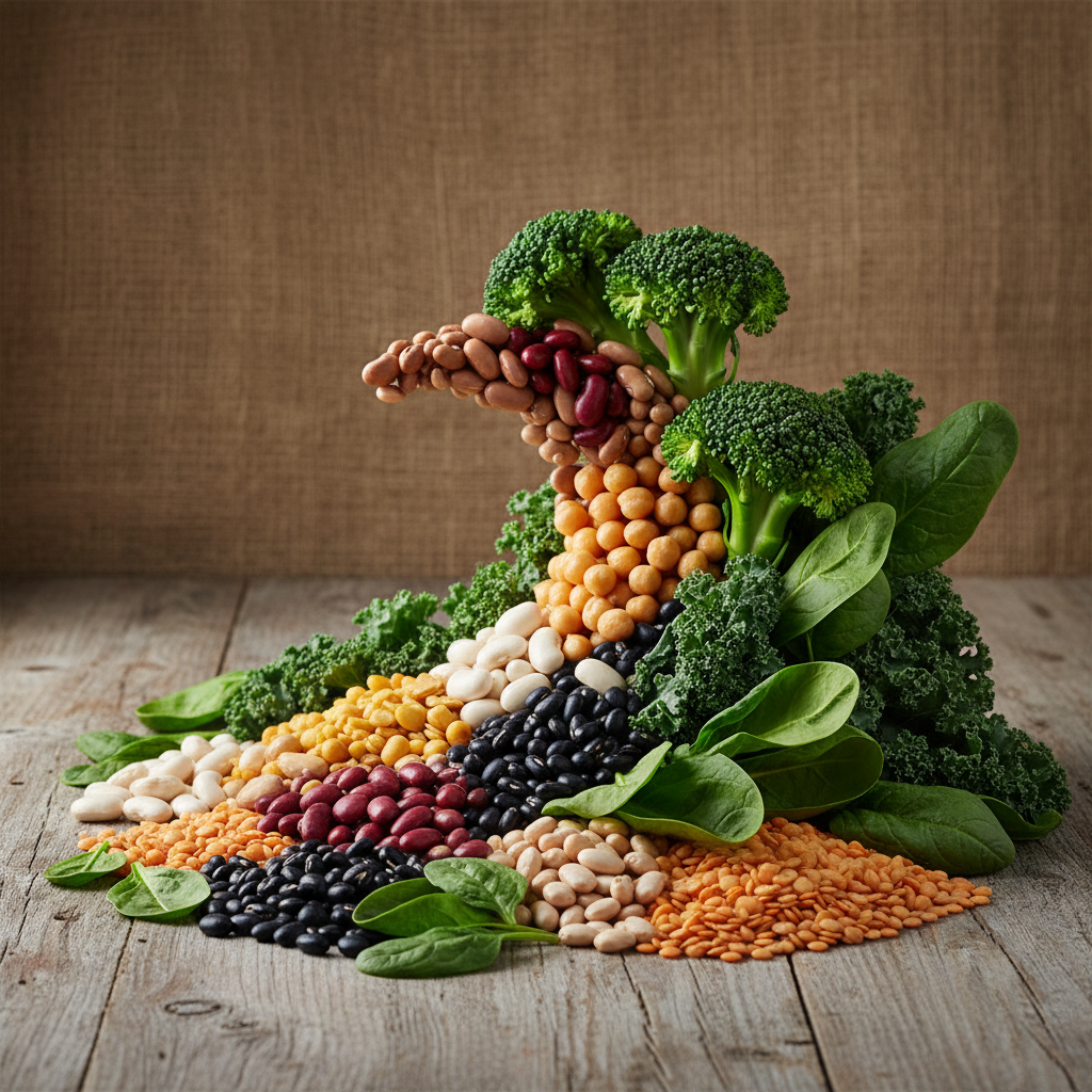A clean infographic showing a colorful assortment of legumes (beans, chickpeas) and green leafy vegetables (broccoli, spinach) artfully arranged on a rustic wooden table. High contrast, natural lighting, textured background, no text.