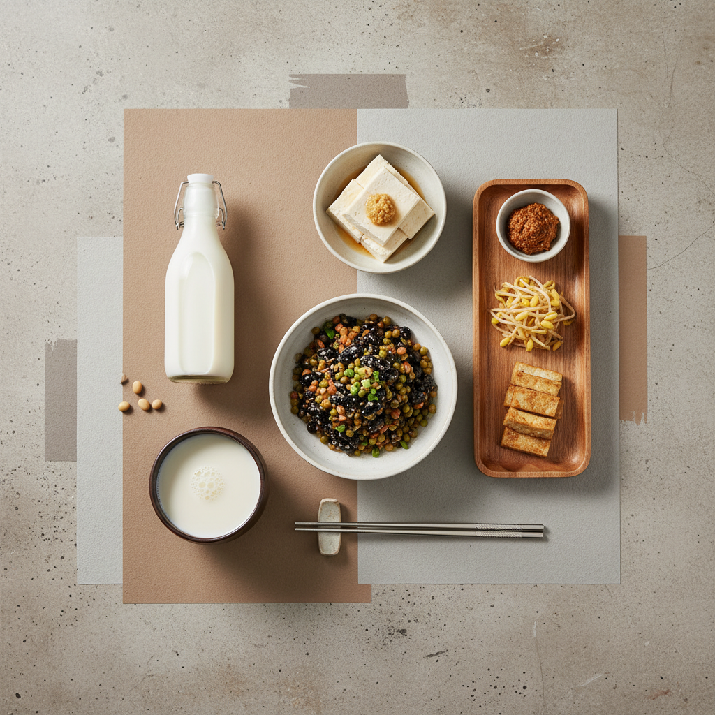 A modern layout showing various soy products like soymilk and cooked beans, integrated into a morning meal. Clean infographic style with a high contrast, textured background. Korean appearance, natural expression, no visible text.