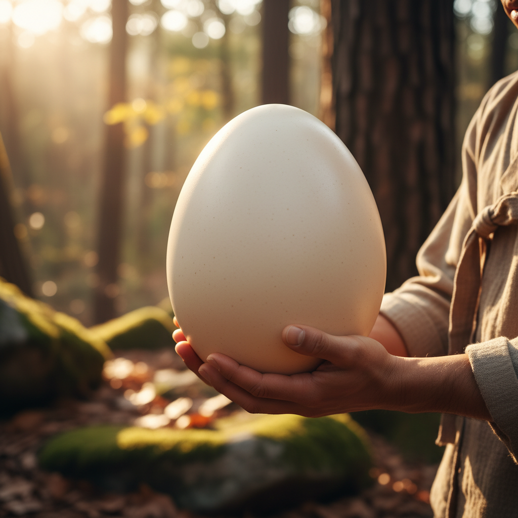A person holding a large, unusually big egg, showing its impressive size compared to hands, warm lighting, natural setting, textured background, Korean appearance, no text.