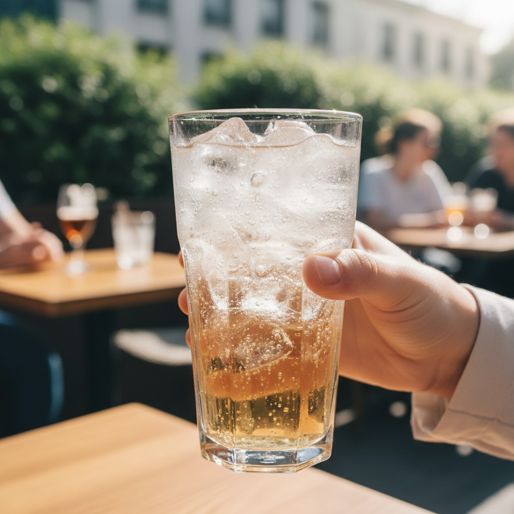 A close-up of a fizzy carbonated drink with ice, a hand reaching for the glass, bright and refreshing atmosphere, outdoor cafe background, no text