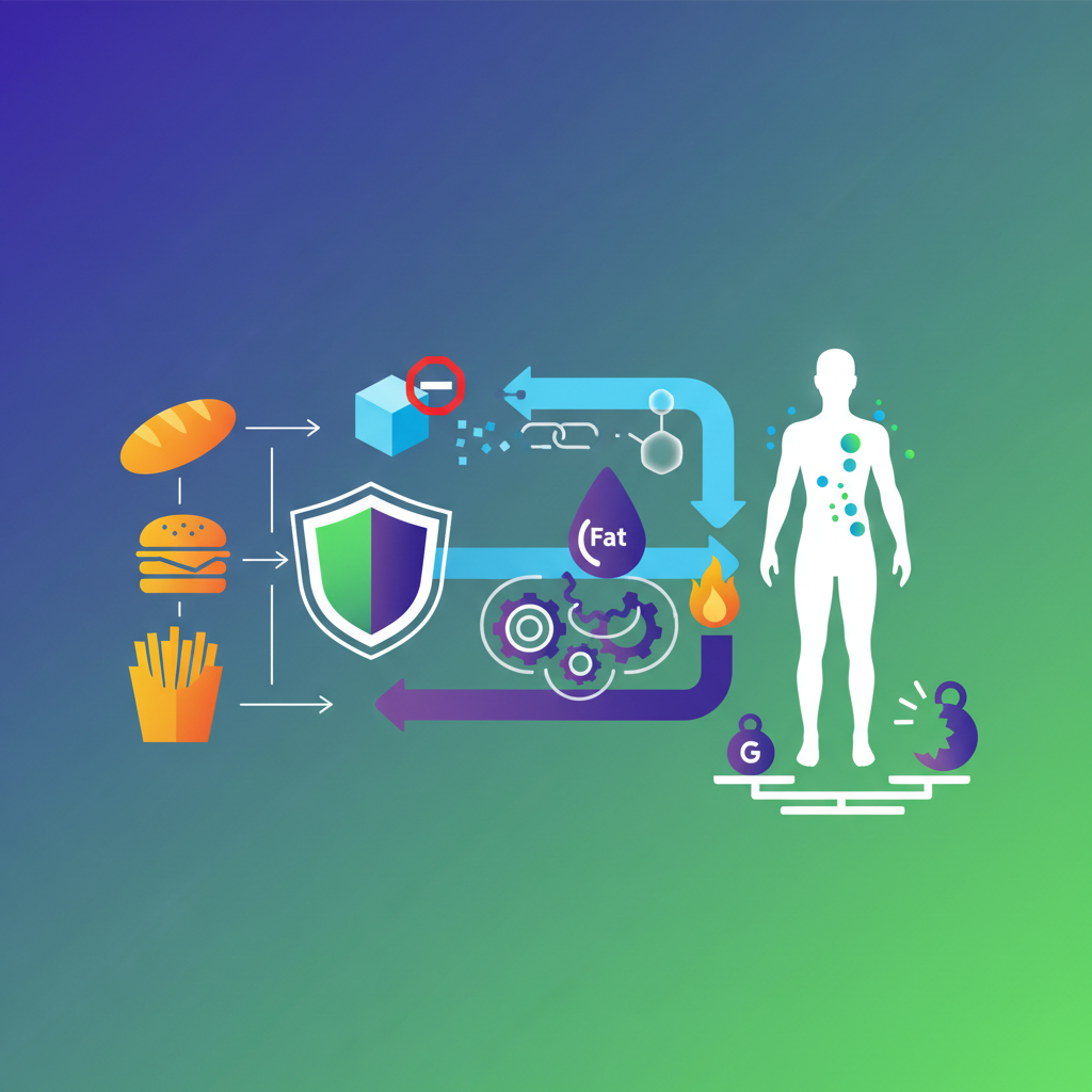A clean infographic style image illustrating carbohydrate blocking and fat reduction within the body. Show an abstract representation of food intake and its metabolic pathway being positively influenced. High contrast, modern layout, gradient colored background, no text.