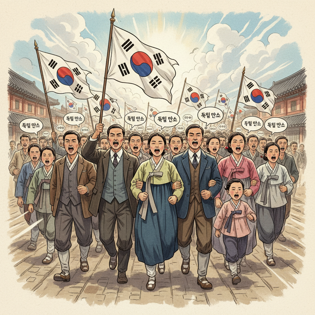 An artistic rendering of the 3.1운동, showing a diverse crowd of Korean people marching with 태극기 (Korean flag) and shouting '독립 만세' (Long live independence). The scene is filled with energy and determination, with historical details in an illustration style, textured background, bright and balanced lighting, no text, aspect ratio 4:3