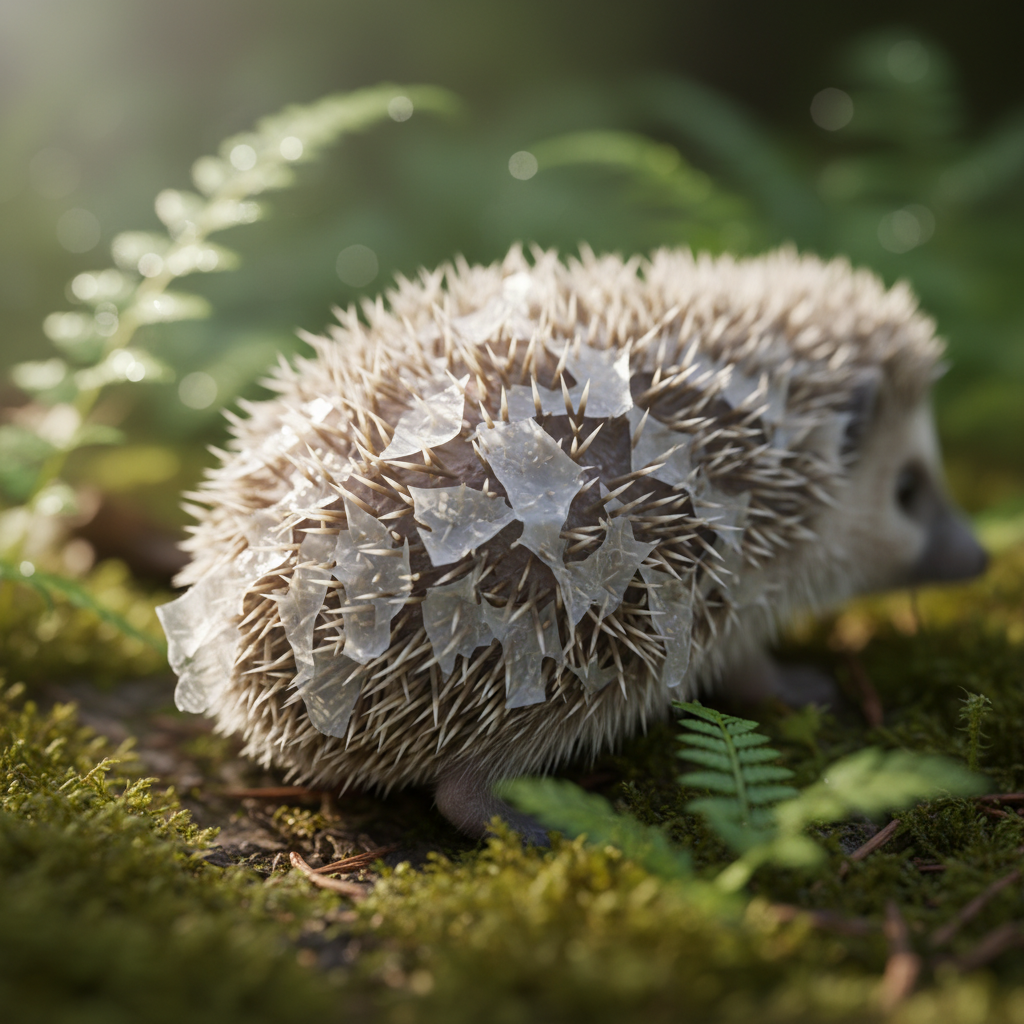 A close-up, dynamic shot of a baby hedgehog's quills slowly hardening and becoming visible, showing the process of the skin layer shedding, soft natural light, detailed and rich background, no text, Korean appearance