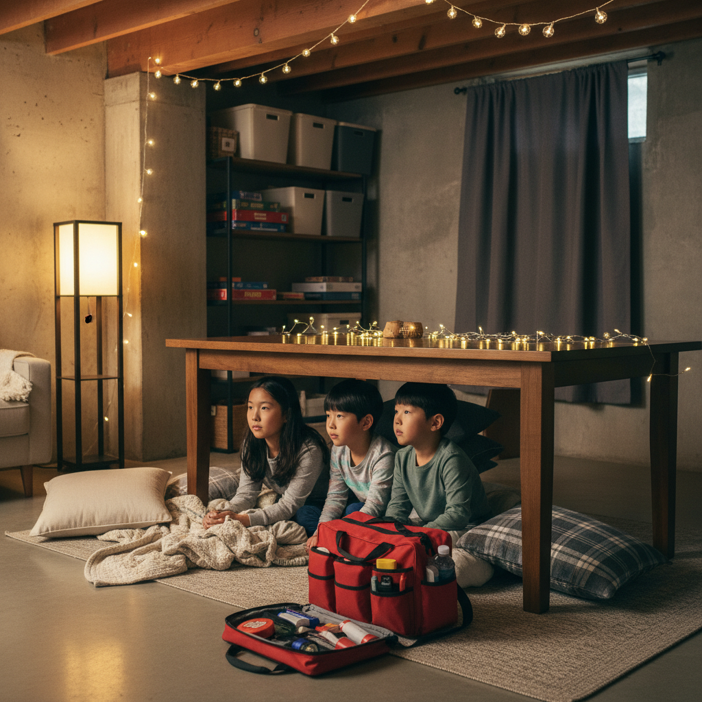 A lifestyle photography scene showing a Korean family practicing tornado safety drills in a home basement or safe room, with an emergency kit visible, warm lighting, natural setting, no text.
