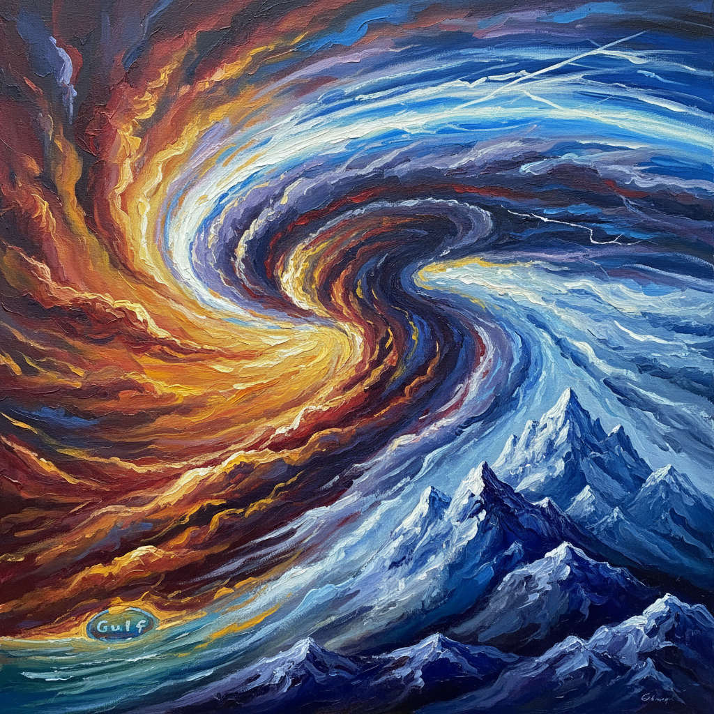 An artistic rendering illustrating the collision of warm, moist air from the Gulf of Mexico and cold, dry air from the Rocky Mountains, with a strong jet stream above, leading to a supercell formation, high contrast, textured background, no text.