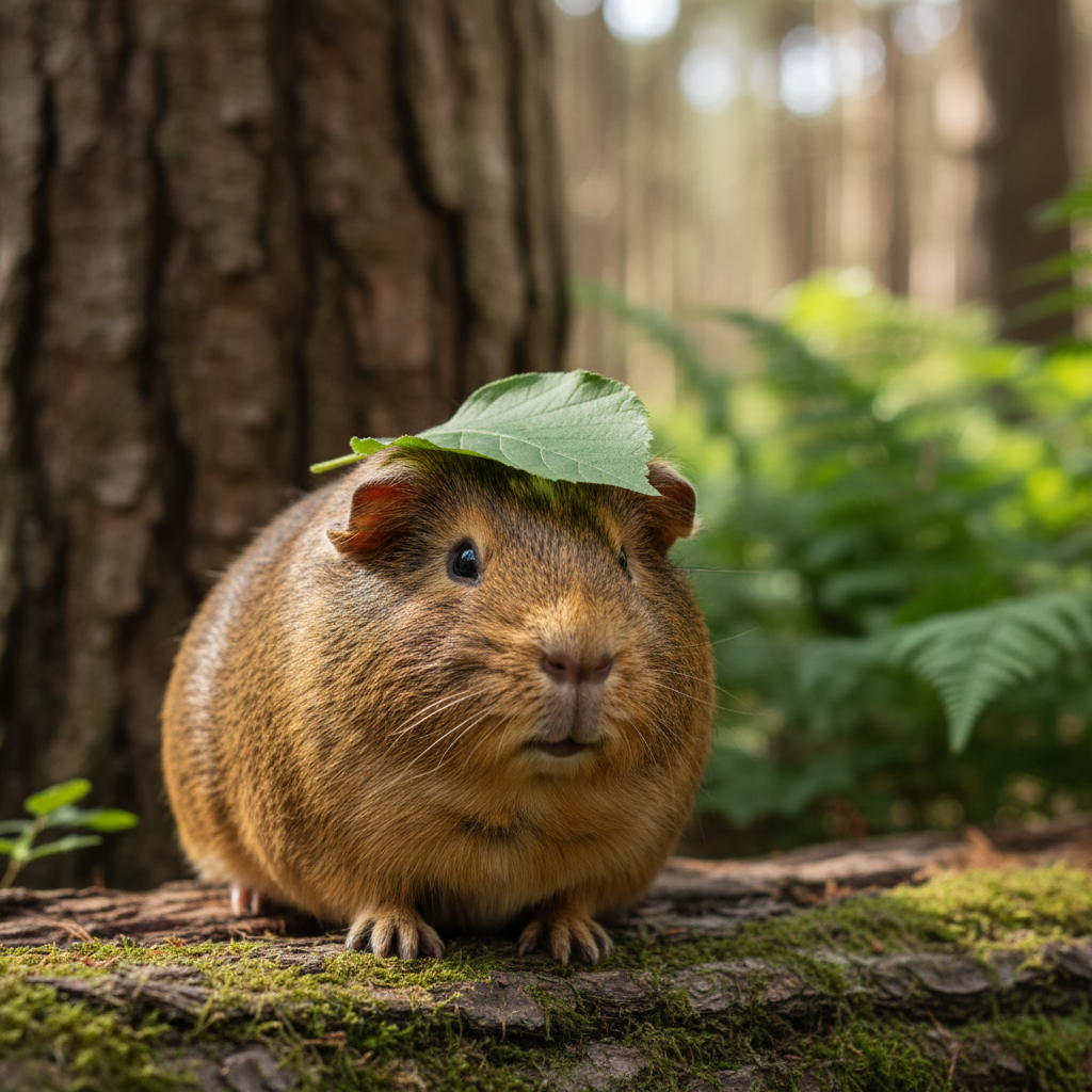 A guinea pig with a plump, rounded body, sitting comfortably. Bright, soft lighting, a green leaf and textured wooden background, natural setting, no text, lifestyle photography.