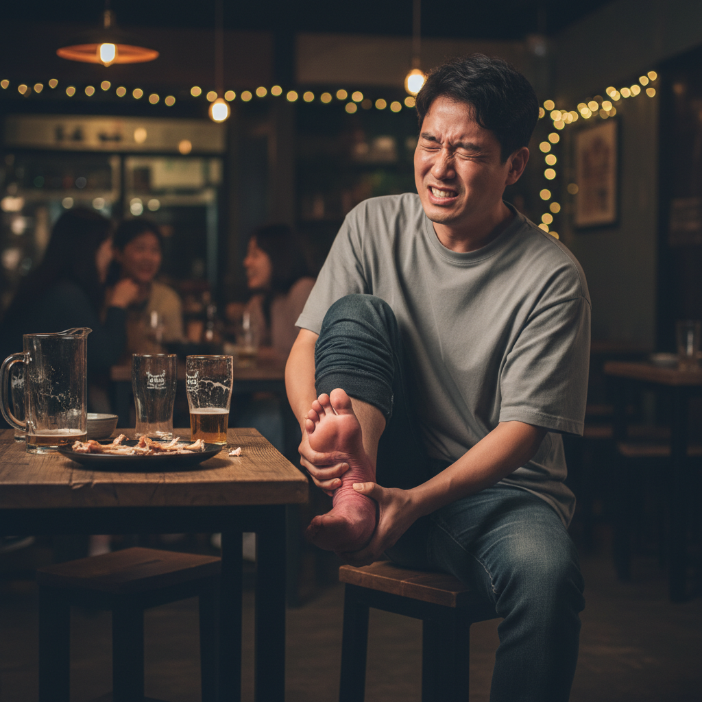 A Korean man suffering from gout pain after drinking beer, holding his foot, dimly lit pub setting, warm lighting, lifestyle photography, aspect ratio 4:3, no text
