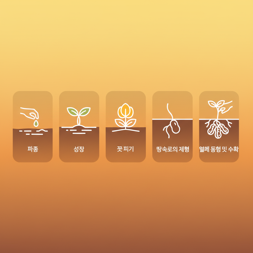 A clean, modern infographic illustrating the five distinct stages of peanut growth: "파종 (Sowing)", "성장 (Growth)", "꽃 피기 (Flowering)", "땅속으로의 여행 (Pegging)", and "열매 형성 및 수확 (Fruiting & Harvesting)". Each stage should have a small, stylized icon or illustration, high contrast, warm gradient background, no visible text.