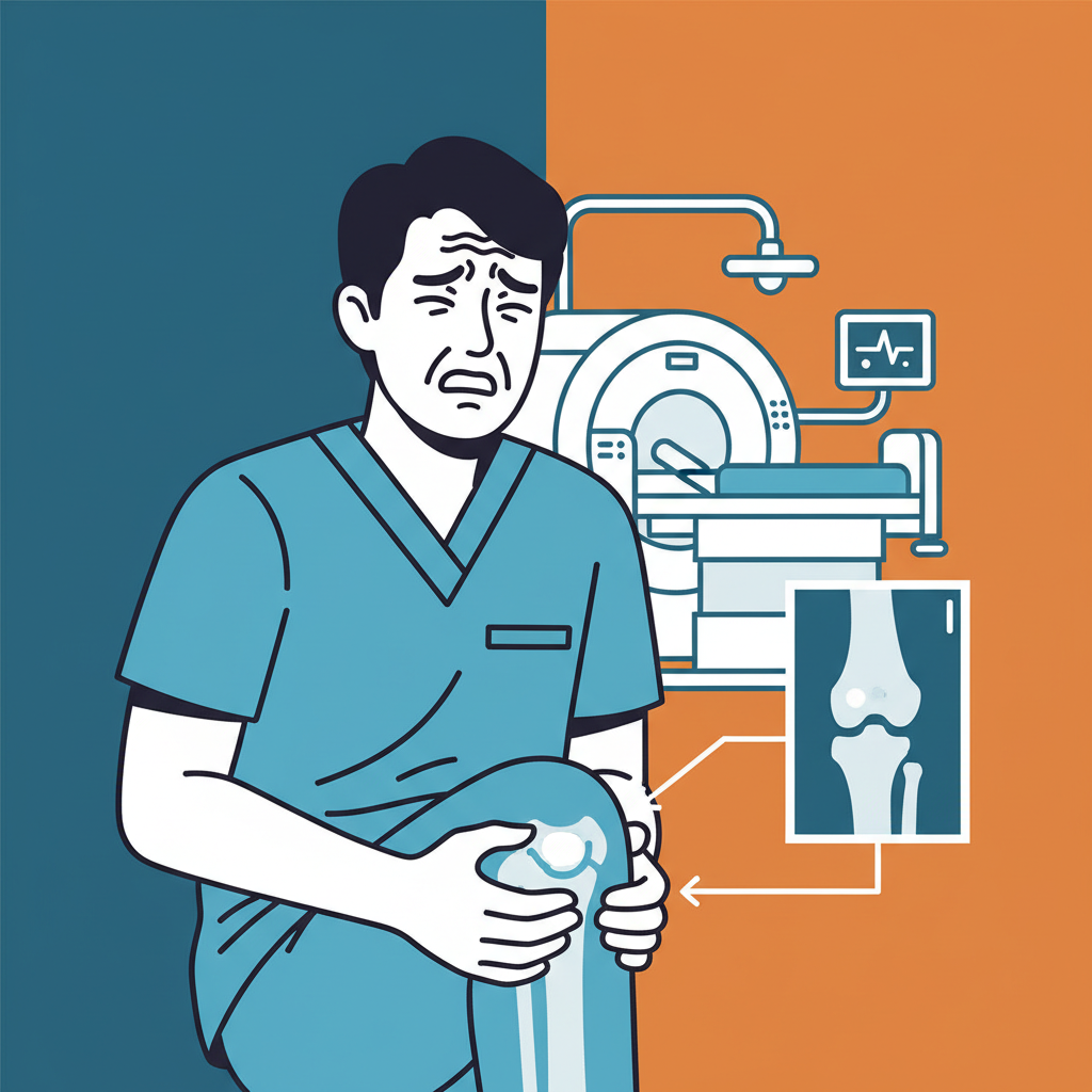 A Korean person holding their arm or leg, looking in pain and concern, medical setting in the background, clean infographic style, high contrast, colored background, no text