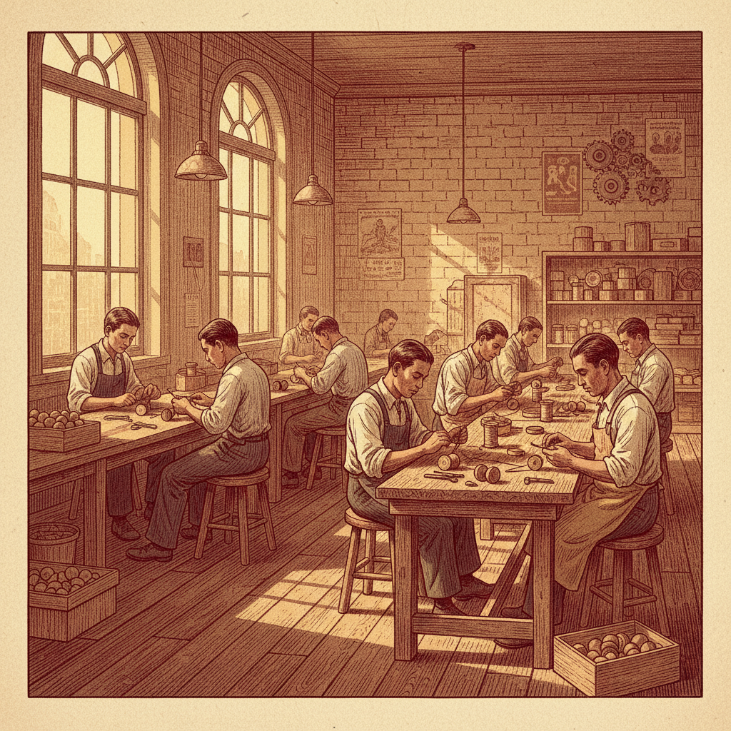 Vintage illustration of Pedro Flores' early yoyo manufacturing company in 1920s California, workers assembling yoyos, warm lighting, textured background, no text, aspect ratio 4:3