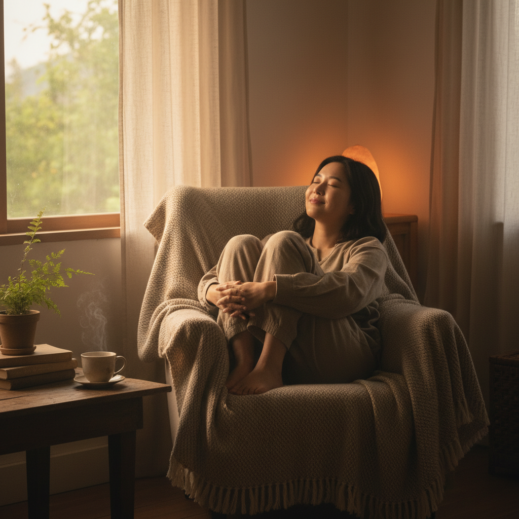 A Korean person relaxing in a quiet, dimly lit room, perhaps with a warm herbal tea, emphasizing comfort and relief, warm lighting, natural setting, no text.