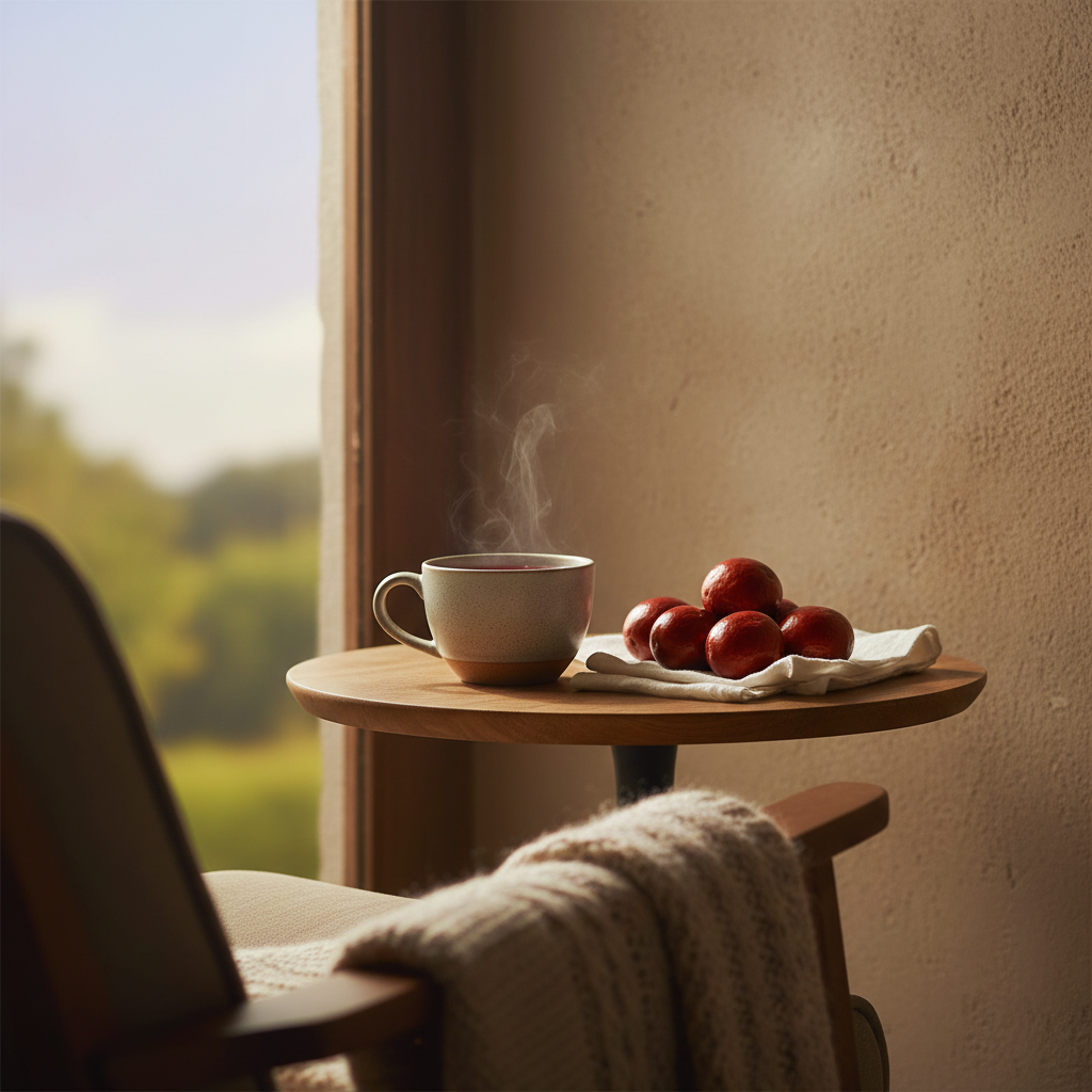 A calming scene with a cup of jujube tea, some fresh jujubes on a small table next to a window, symbolizing relaxation and stress relief. Warm, ambient lighting, textured wall background, lifestyle photography, aspect ratio 4:3