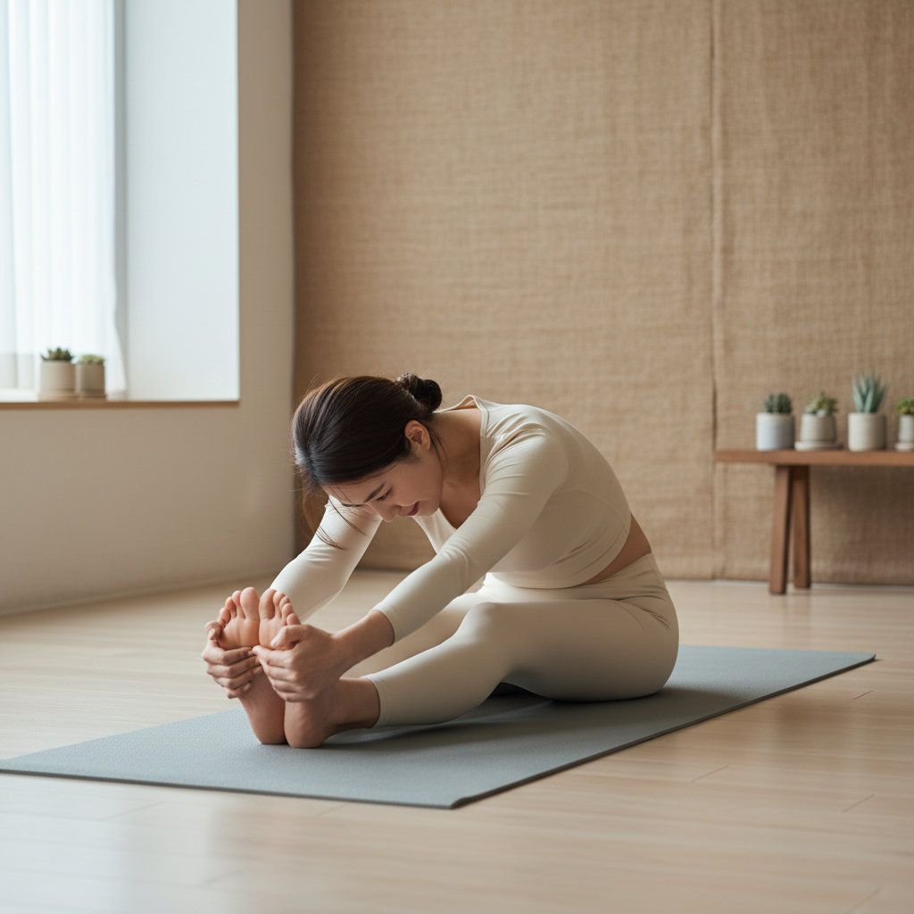 A Korean person performing gentle yoga poses in a calm, bright indoor setting with soft, diffused lighting and a light, textured wall background. No visible text.