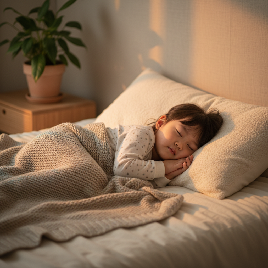 A peaceful Korean child sleeping soundly in a comfortable bed, with soft, warm lighting, a gentle, textured background, no text