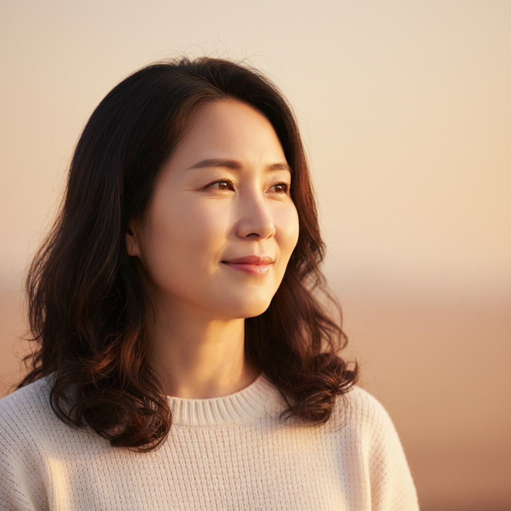 A thoughtful Korean woman in her late 40s or early 50s, looking serenely into the distance, with a soft, warm lighting and a gradient background, natural expression, no text