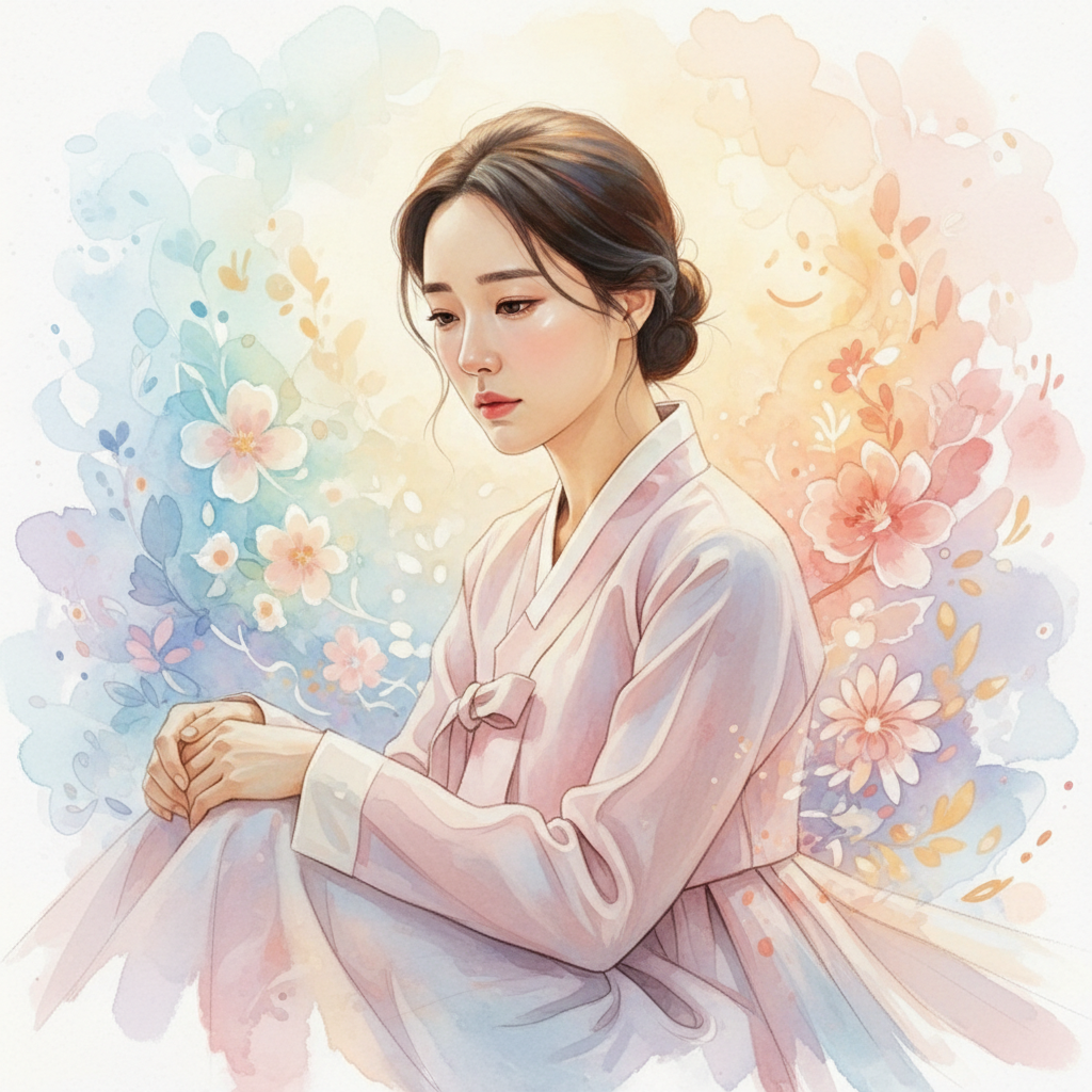 A Korean woman in a serene, slightly melancholic pose, surrounded by soft, pastel colors, illustrating emotional changes during menopause, with a textured background and warm lighting, no text