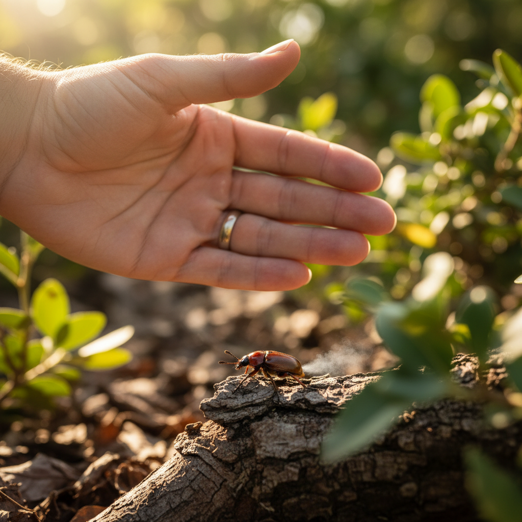 A close-up lifestyle photography shot of a person's hand carefully observing a bombardier beetle from a safe distance, with a slight blur indicating heat from the beetle's defense spray, warm lighting, natural setting, no text.