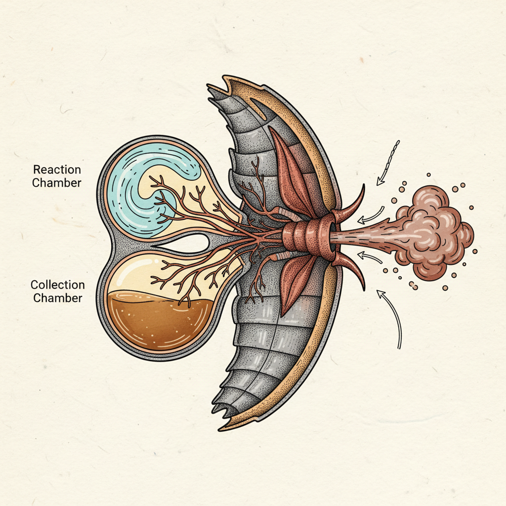 A detailed scientific illustration showing the internal chemical storage reservoirs and the mechanism of spray in a bombardier beetle, clean infographic style, high contrast, textured background, no text.