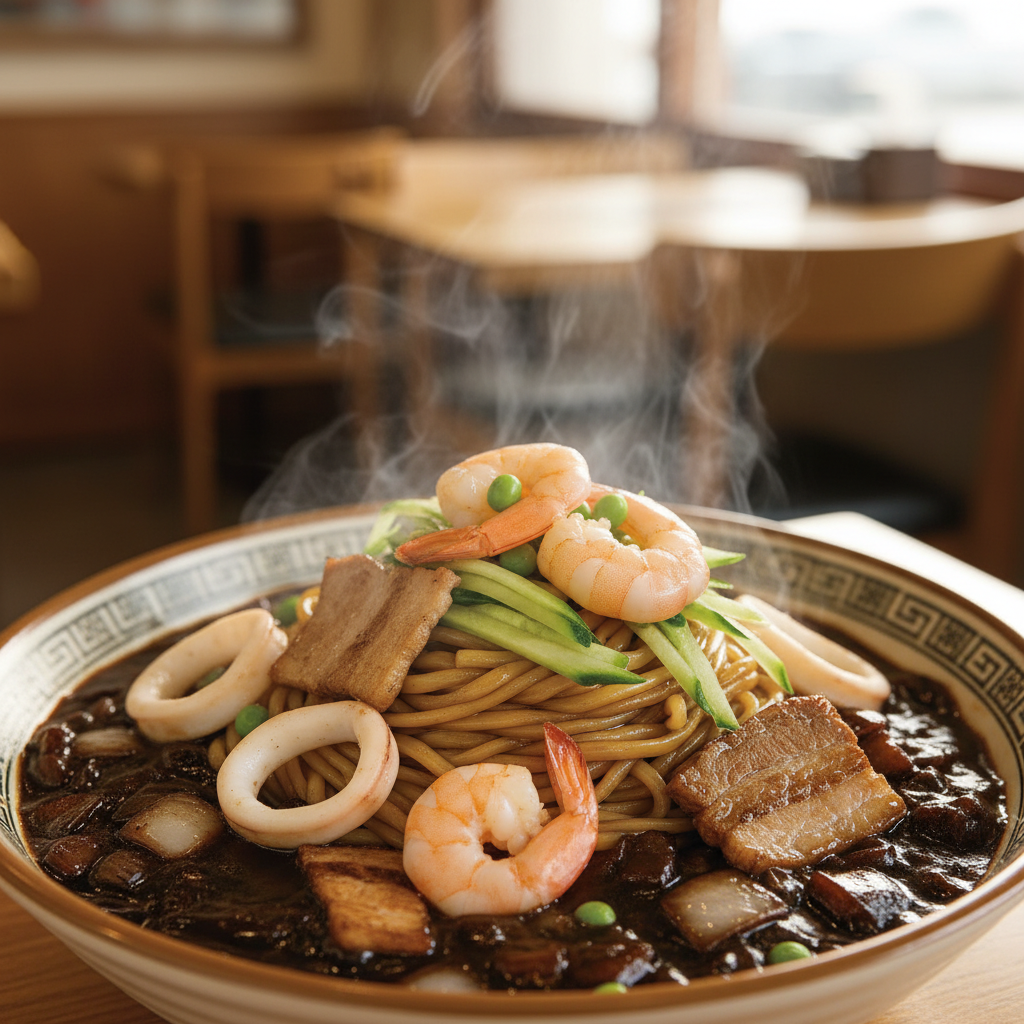 A close-up, top-down view of a steaming, delicious bowl of Samseon Jajangmyeon. The dark, glossy sauce is richly coated on the noodles, topped generously with large pieces of fresh shrimp, squid, sliced pork, and colorful vegetables like cucumber and peas. The background is a soft, warm-toned restaurant setting. Lifestyle photography, natural lighting, no text, centered focus, Korean appearance.