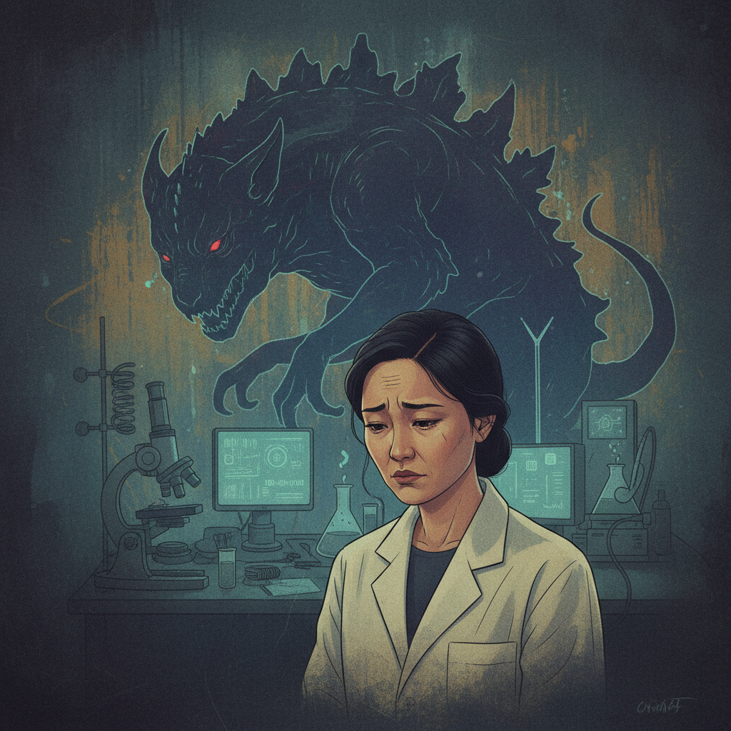 A thought-provoking illustration of a scientist (Korean appearance) looking regretfully at a silhouette of a large, misunderstood creature, with subtle scientific equipment in the background, artistic rendering, textured background, no text