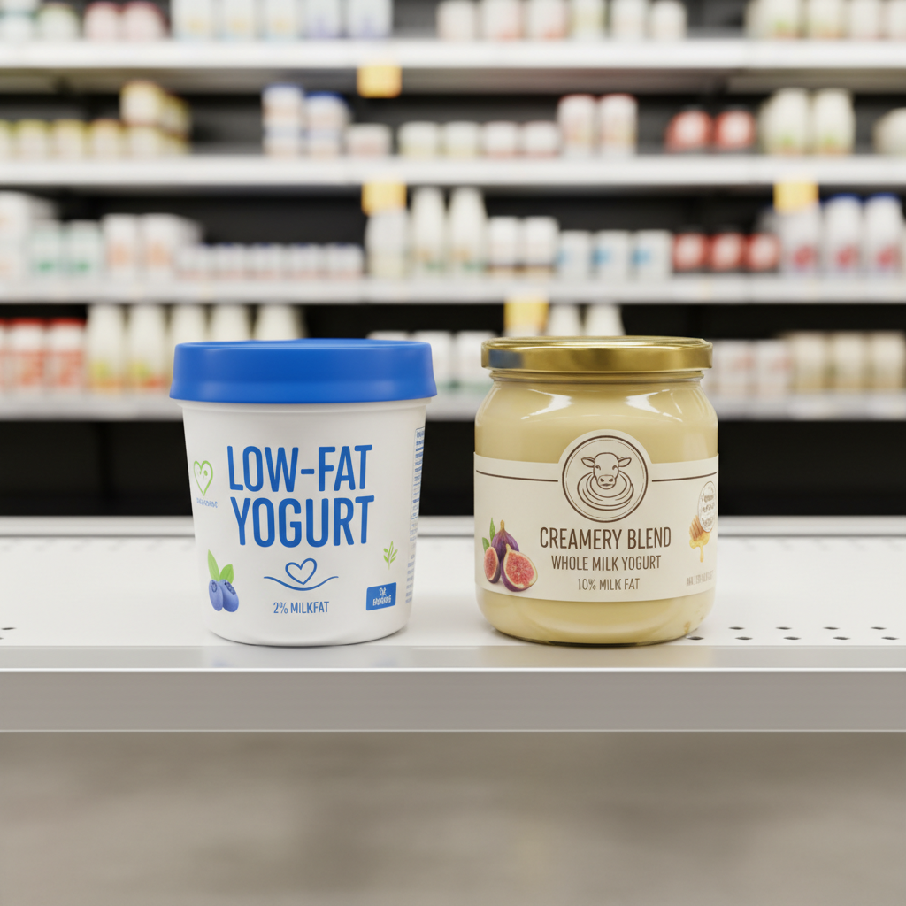 A comparison of two yogurt containers, one clearly labeled "low-fat" and another with subtle signs of being "high-fat," in a grocery store aisle, balanced lighting, clean layout, no text