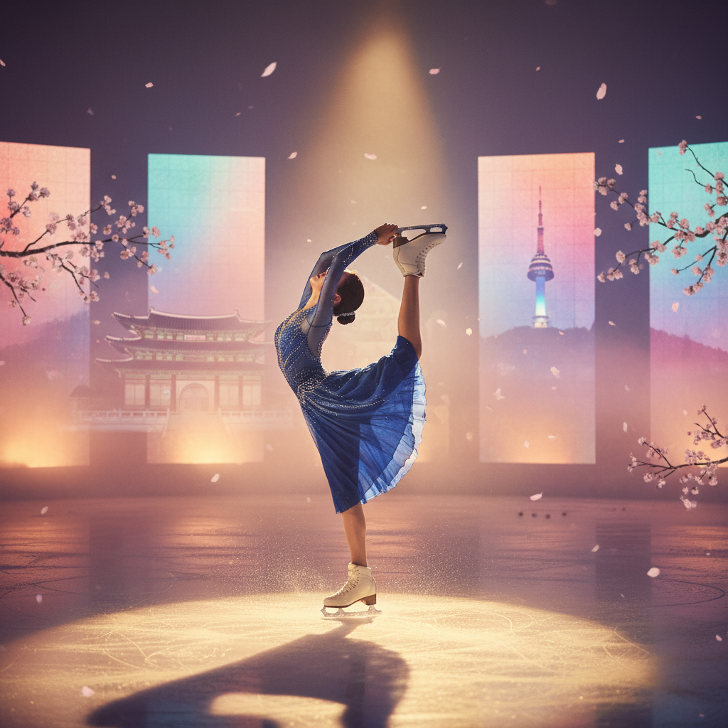 A vivid lifestyle scene showing a figure skater performing an elegant spin on ice, warm lighting, colored background, Korean setting, no text