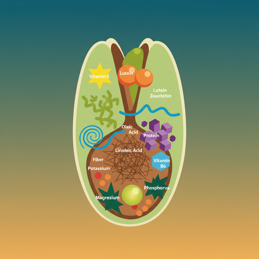 A clean infographic style image showing various nutrients like Vitamin E, lutein, zeaxanthin, oleic acid, linoleic acid, protein, fiber, Vitamin B6, potassium, magnesium, phosphorus inside a cut pistachio, with a modern layout, high contrast, on a colored gradient background. No visible text in image.