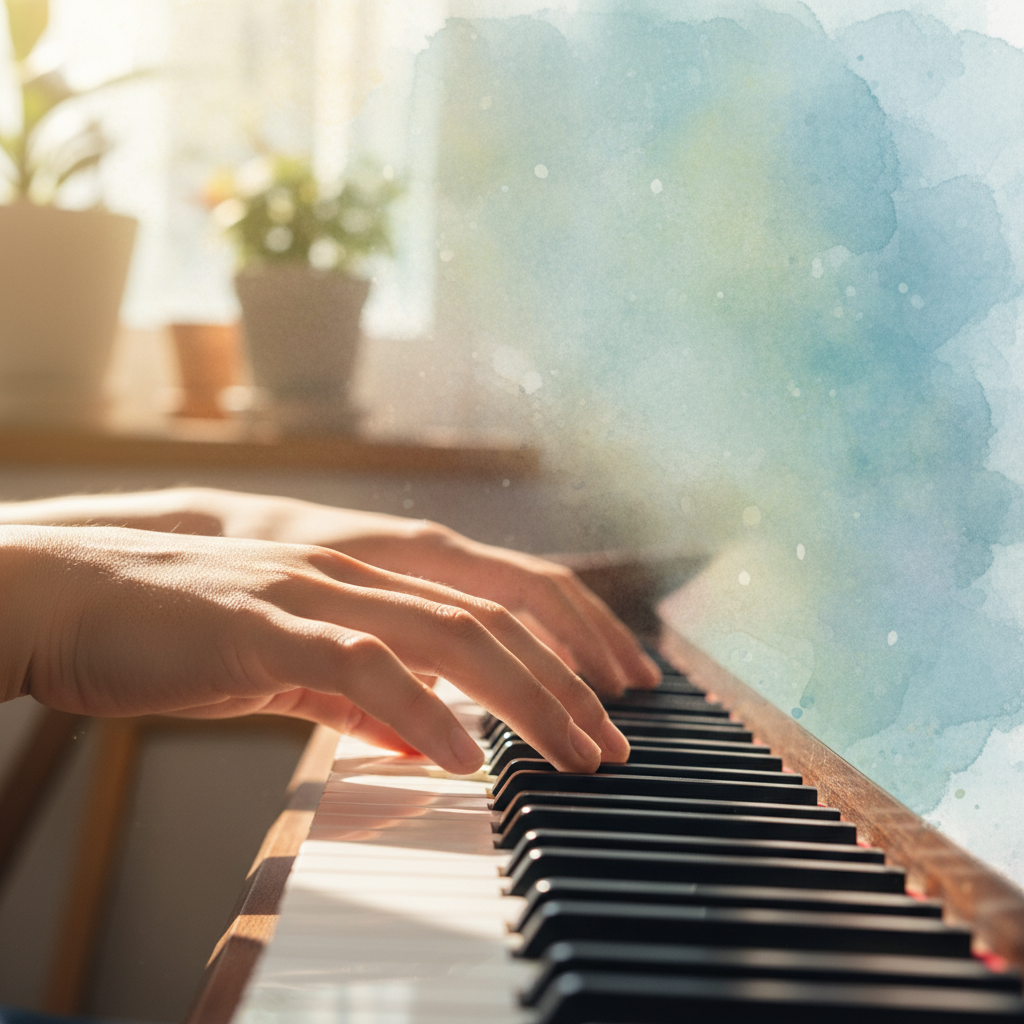 A close-up lifestyle photography shot of a Korean person's hands gracefully playing piano keys, showing emotion and skill, warm lighting, natural setting, colored background, no text