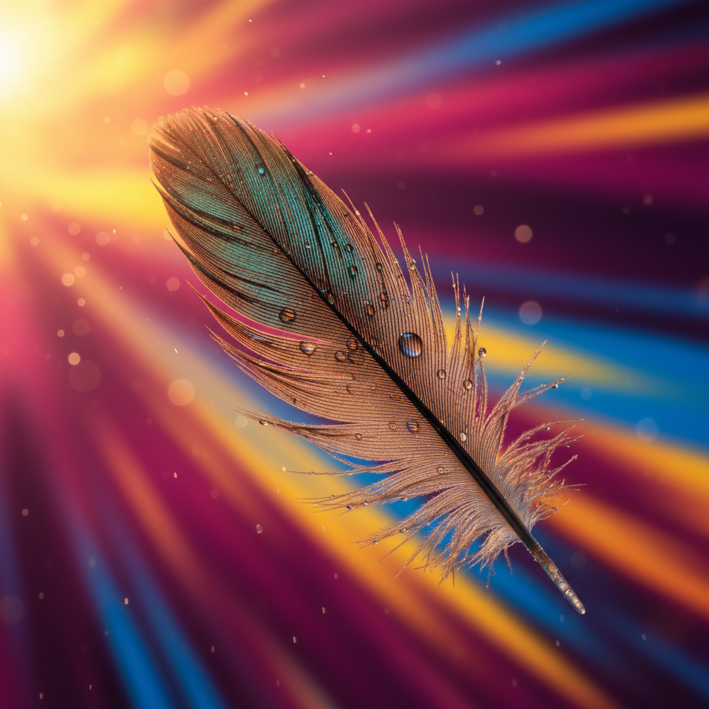A close-up, dynamic shot of a bird's feather mid-flight, showing intricate details and light reflection, vibrant colored background, no text
