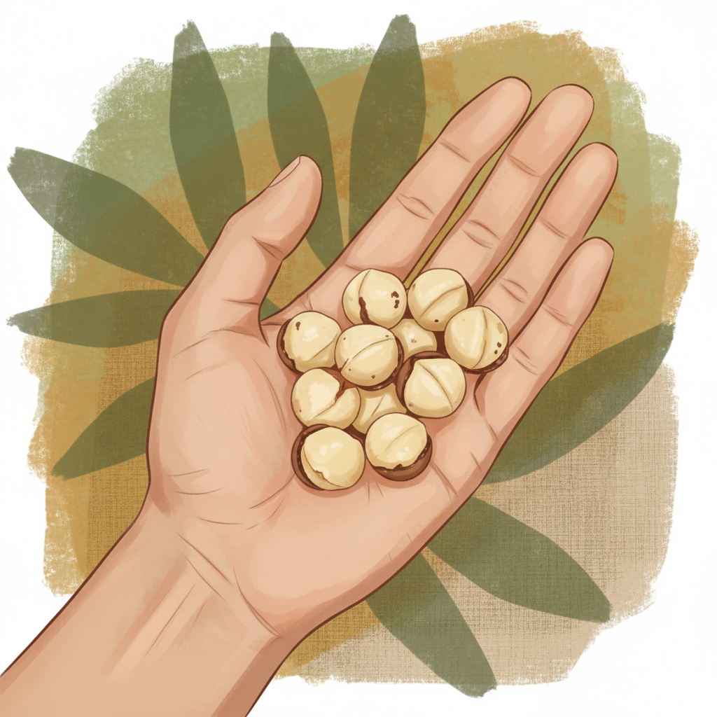 Illustration of a hand holding a small handful of macadamia nuts (10-15 pieces), indicating a healthy portion size, artistic rendering, textured background, no text.
