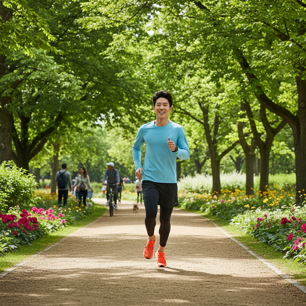 A Korean man enjoying a brisk jog in a vibrant park with green trees and a winding path. Dynamic lifestyle photography, bright and energetic lighting, natural outdoor setting, no visible text.