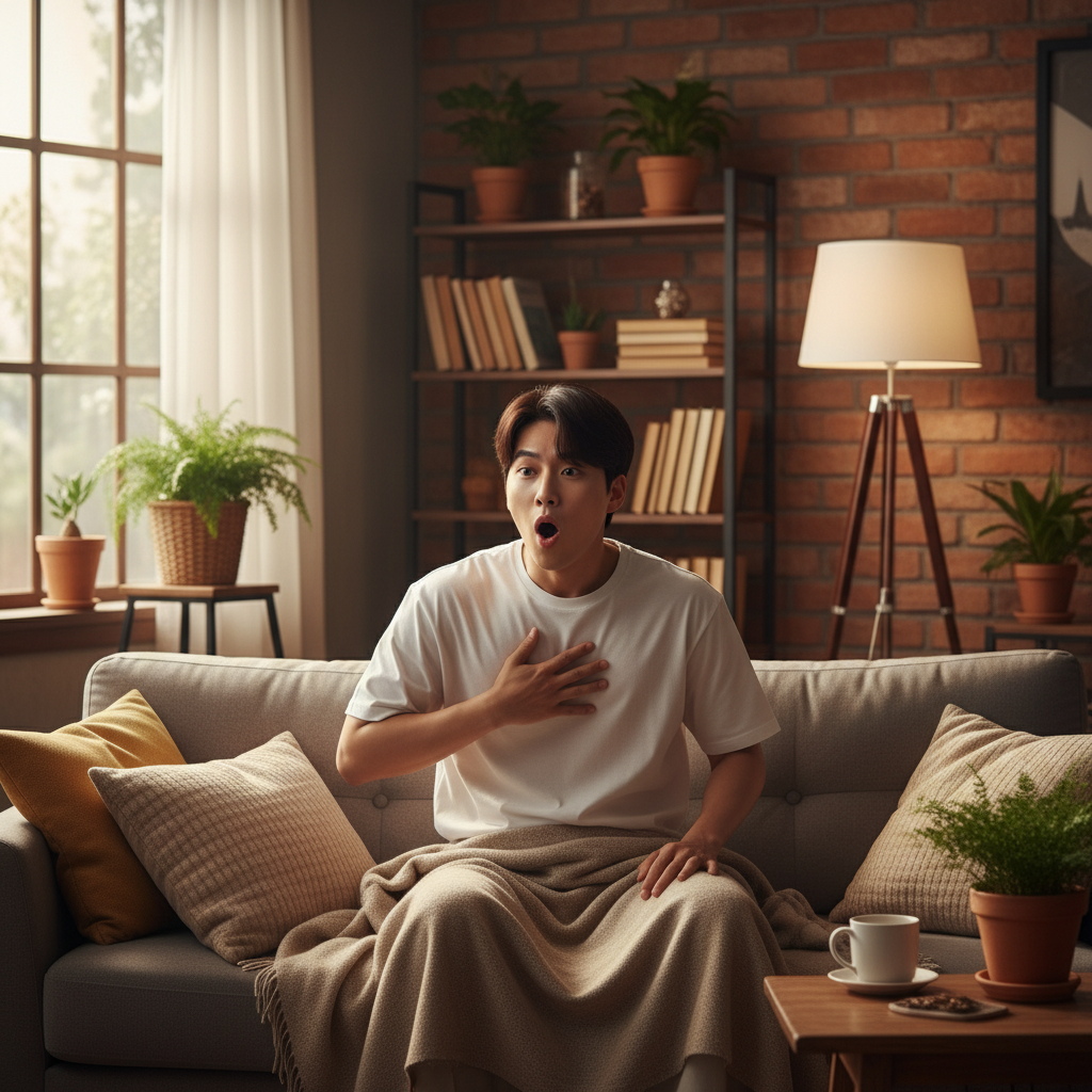 A man suddenly getting hiccups, a surprised expression, in a cozy living room, warm lighting, natural setting, Korean appearance, no text
