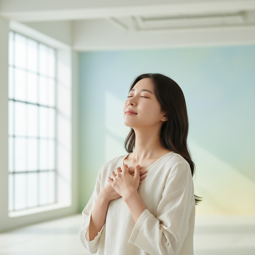 A person taking a deep, calm breath, looking relieved, in a bright, airy space, bright balanced lighting, subtle gradient background, Korean appearance, no text