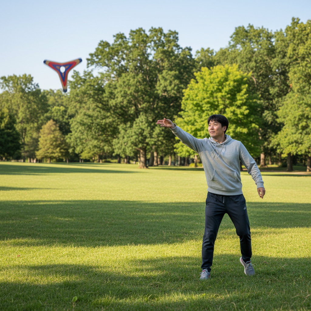 A dynamic scene of a person throwing a boomerang in a park, showing the boomerang mid-air, vibrant green background, natural lighting, Korean person, no text